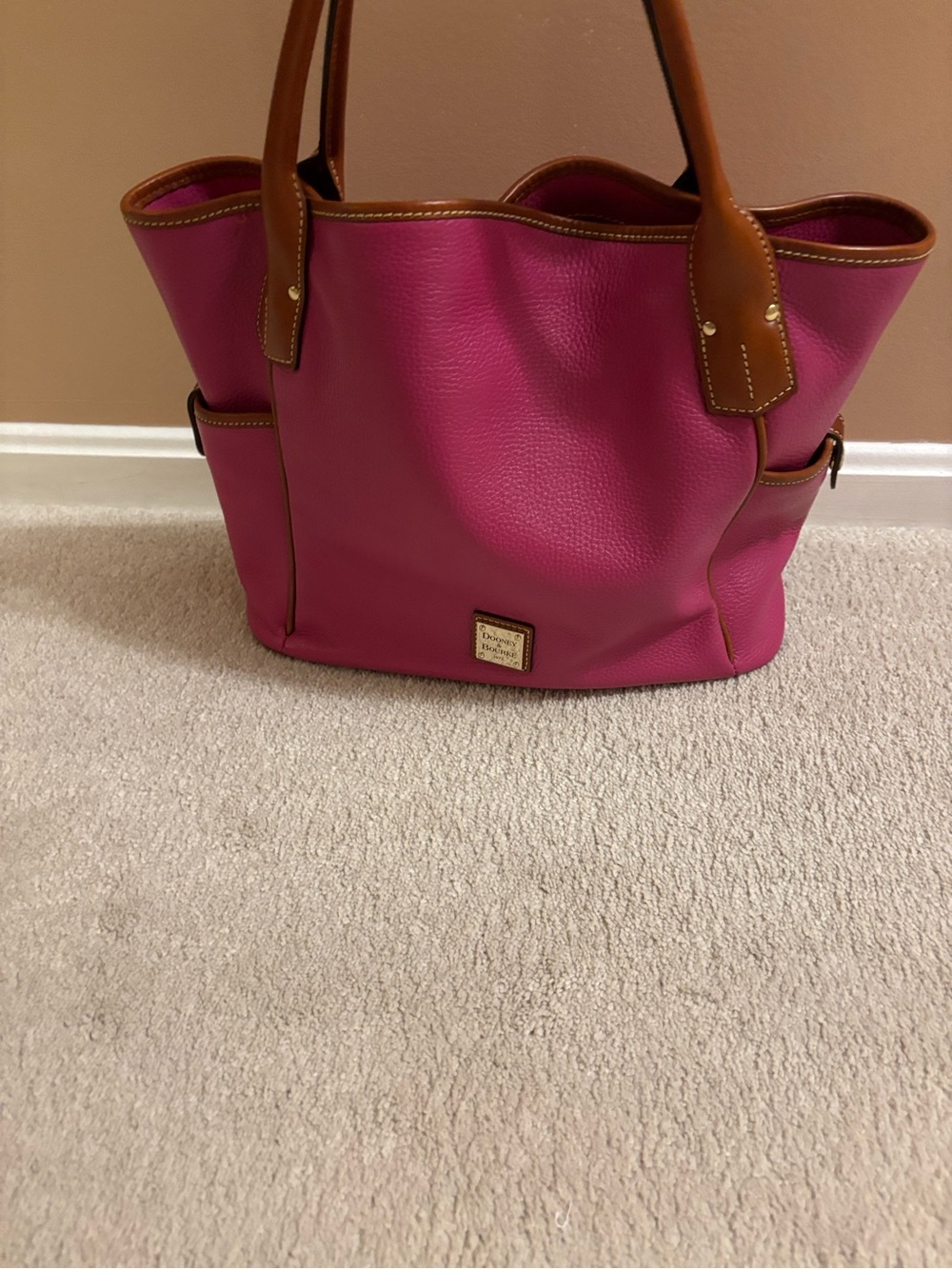 Dooney & Bourke Hot Pink Leather Tote with Brown Trim
